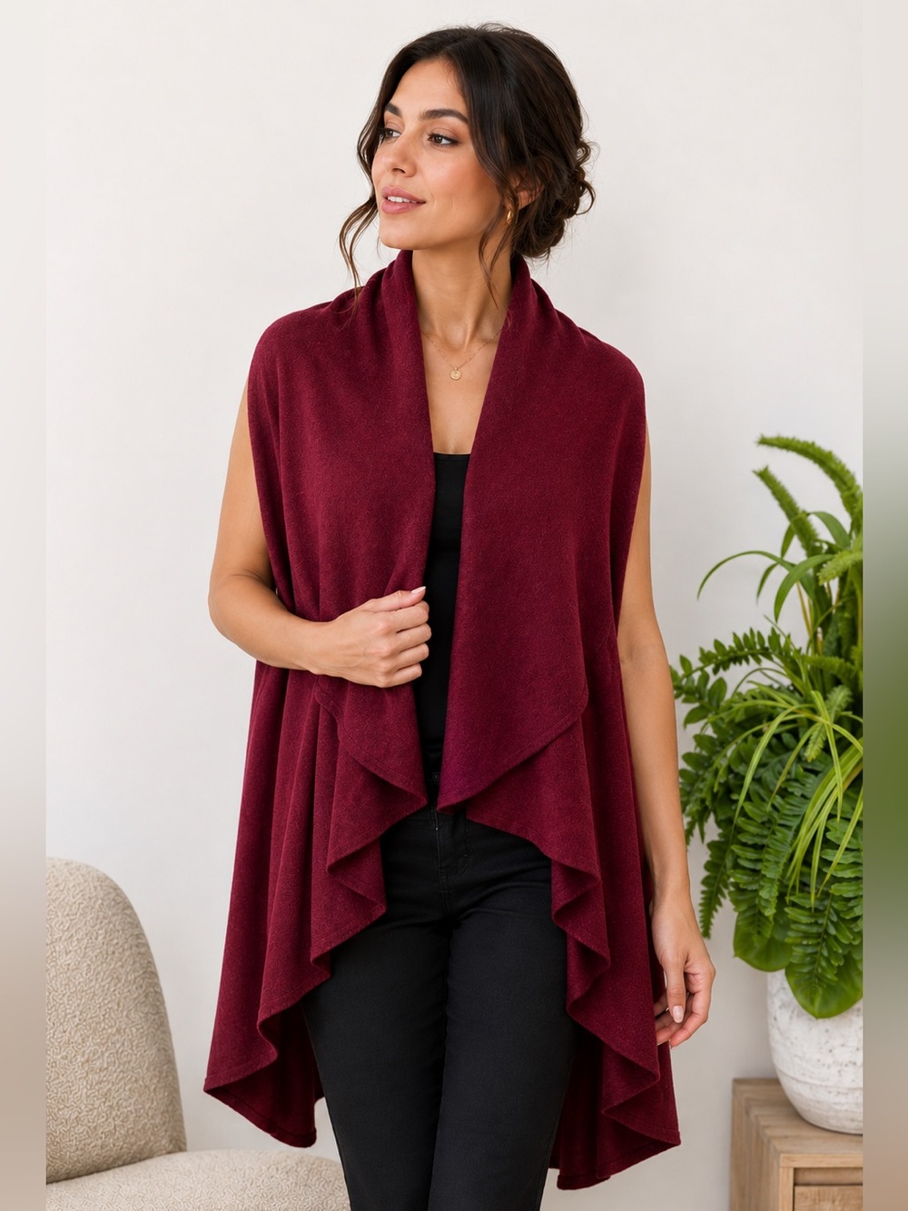 LOOK Red Shrug with Asymmetrical Hem and Shawl Collar PTP: 24”-27.5”